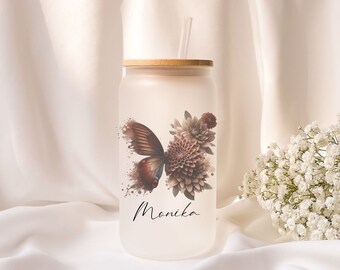 Iced coffee glass | Frosted glass | Gift | Butterfly | Flower | ToGo | Lid | Straw | Summer