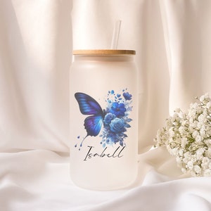 Iced coffee glass | Frosted glass | Gift | Butterfly | Flower | ToGo | Lid | Straw | Summer