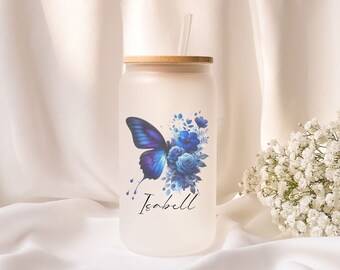 Iced coffee glass | Frosted glass | Gift | Butterfly | Flower | ToGo | Lid | Straw | Summer