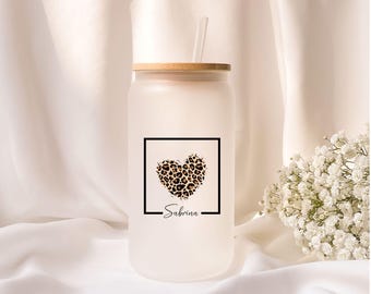 Iced coffee glass | Heart | Leopard print | Frosted glass | Gift | Personalized - ToGo - Vacation - Summer - Cocktail