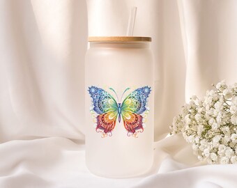 Iced coffee glass | Milk glass | Gift | Butterfly | Lid