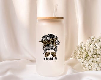 Iced coffee glass | momlife | Leopard print | Personalized | Frosted glass