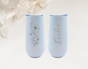 Personalized - Laser Engraved Champagne Sparkling Wine Thermo Mug Flower
