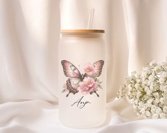 Iced coffee glass | Frosted glass | Gift | Butterfly | Flower | ToGo | Lid | Straw | Summer