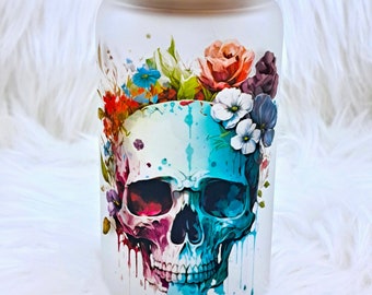 Iced coffee mug | Skull motif | Frosted glass | Gift | Personalized