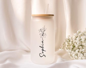Iced coffee glass | Personalized | Frosted glass | Gift | Flowers