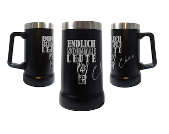 Laser engraved stainless steel beer mug - finally normal people - Personalized