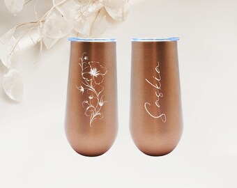 Personalized - Laser Engraved Champagne Sparkling Wine Thermo Mug Flower