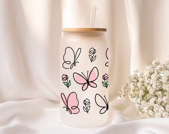 Iced coffee glass | Personalized | Frosted glass | Butterflies