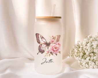 Iced coffee glass | Frosted glass | Gift | Butterfly | Flower | ToGo | Lid | Straw | Summer