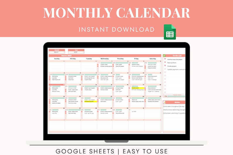 Monthly Digital Calendar 2023 Google Sheets Todo List Editable Task