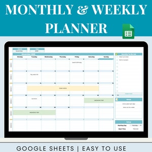 Puede incluir: Una pantalla de computadora portátil que muestra una plantilla de planificador mensual y semanal de Google Sheets. La plantilla incluye un calendario, una lista de tareas y una sección de notas. El calendario es para noviembre de 2023 y muestra los días de la semana, las fechas y las franjas horarias. La lista de tareas se titula "Lista de tareas mensuales" y tiene casillas de verificación junto a cada elemento. La sección de notas se titula "Notas" y tiene un cuadro de texto para escribir notas. La plantilla es fácil de usar y se puede personalizar para satisfacer sus necesidades.