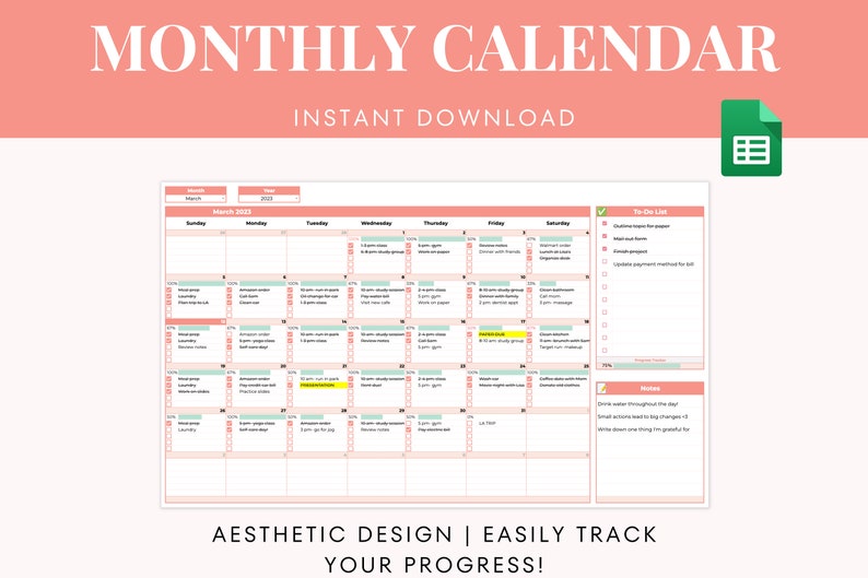Monthly Digital Calendar 2023 Google Sheets Todo List Etsy