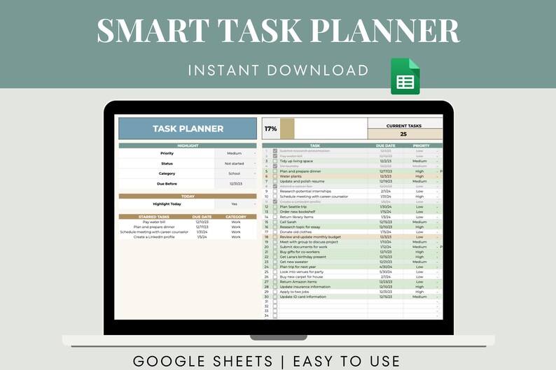 Task Planner Google Sheets | Digital Planner Template | Digital Smart ...