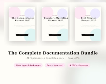 Puede incluir: Un paquete digital con tres planificadores titulados The Documentation Planner 2027, Founder's Operating Planner 2027 y Tech Creator Planner 2027. Cada portada tiene círculos pastel, texto negro y un botón con By Brittney Ball.