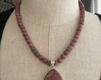 Pink Rosy Rhodonite chunky gemstone pendant necklace