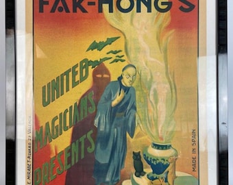 Original 1920s Chang & Fak-Hong Hara-Kiri Magic Poster – E. Mirabet Spain Stone Lithograph – Vintage Magician Illusion Poster Framed