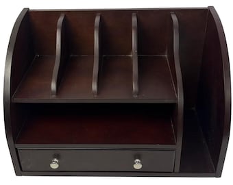 Mahogany-Finish Wooden Desk Organizer – 3 Letter & Mail Slots, Open Cubby and Drawer – 17 x 10 x 12 inches Desktop Storage