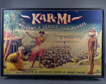 1914 Original Kar-Mi Magic Poster – Swallows Loaded Gun Barrel – Antique Stone Lithograph – National Printing – Framed