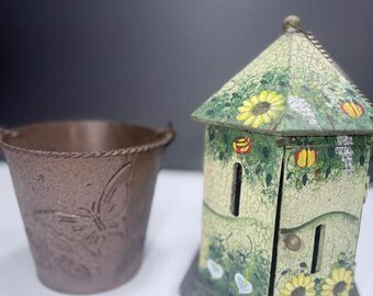 Vintage Garden Decor Set, Rustic Metal Butterfly Bucket, Floral Cottage Lantern, Cottagecore Farmhouse Decor, Shabby Chic Garden Accent