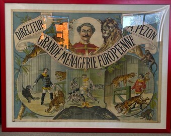 Antique 1880s French Circus Poster A. Pezon Grande Ménagerie Européenne – Large Lion Tiger Lithograph – 53x41 Framed