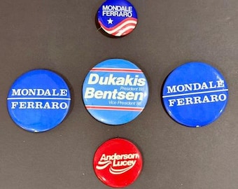 Vintage 1980s Presidential Campaign Button Lot – Mondale Ferraro, Dukakis Bentsen, Carter Mondale, Anderson Lucey