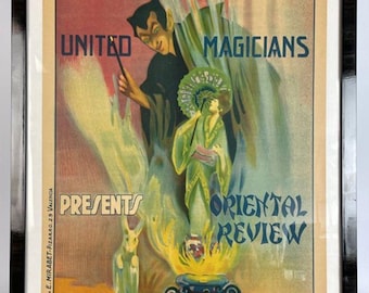 Original 1920s Great Chang Fak-Hong Oriental Review Magic Poster – E Mirabet Spain Stone Lithograph – Framed