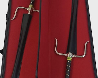 Pair of Traditional Okinawan Sai Martial Arts Weapons – 20" Chrome-Finished Sai – Black Wrapped Handles – Century Carrying Case
