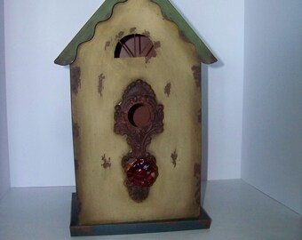 Large Vintage Style Tin Birdhouse with Glass Doorknob Perch – Cottage Garden Decor - "Tinman"