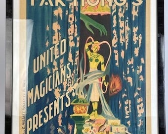 Original 1920s Chang & Fak-Hong “Elle” Magic Poster – E. Mirabet Spain Stone Lithograph – Vintage Magician Poster Framed