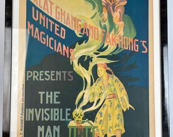 Great Chang & Fak-Hong “The Invisible Man” Original Vintage Magic Lithograph c.1930 – E. Mirabet Spain – 17.5×25 – Framed