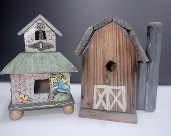 Vintage Wooden Birdhouse Set, Cottage & Barn Style Birdhouses, Rustic Farmhouse Decor, Primitive Country Garden Decor, Cottage Shelf Accent