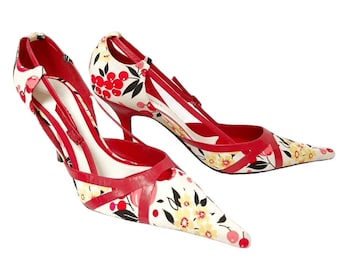 Zapatos de tacón destalonados con diseño floral vintage de Nina West: zapatos de tacón de piel roja Y2K, talla 41
