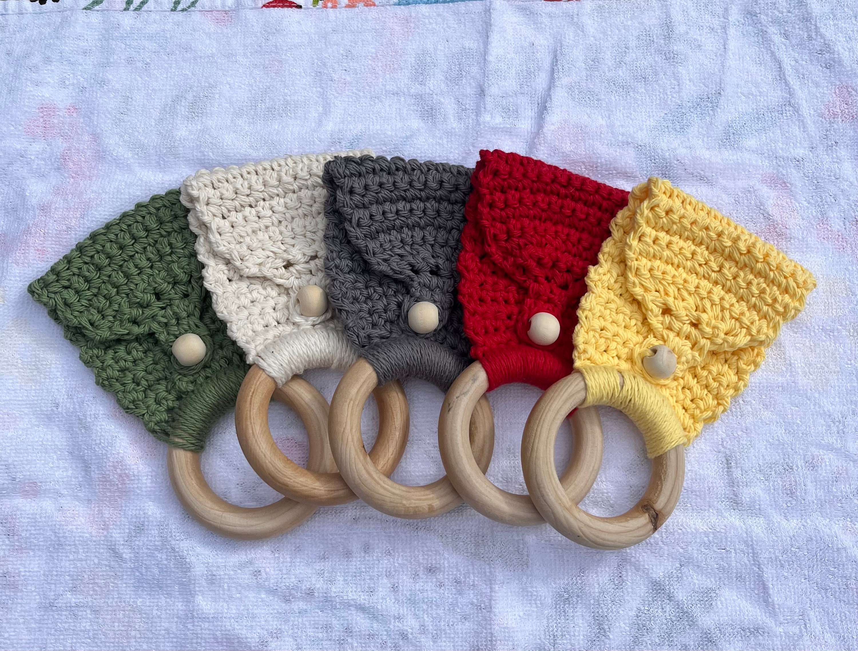 Hand-Knitted Kitchen Towel Holder with Wooden Rings