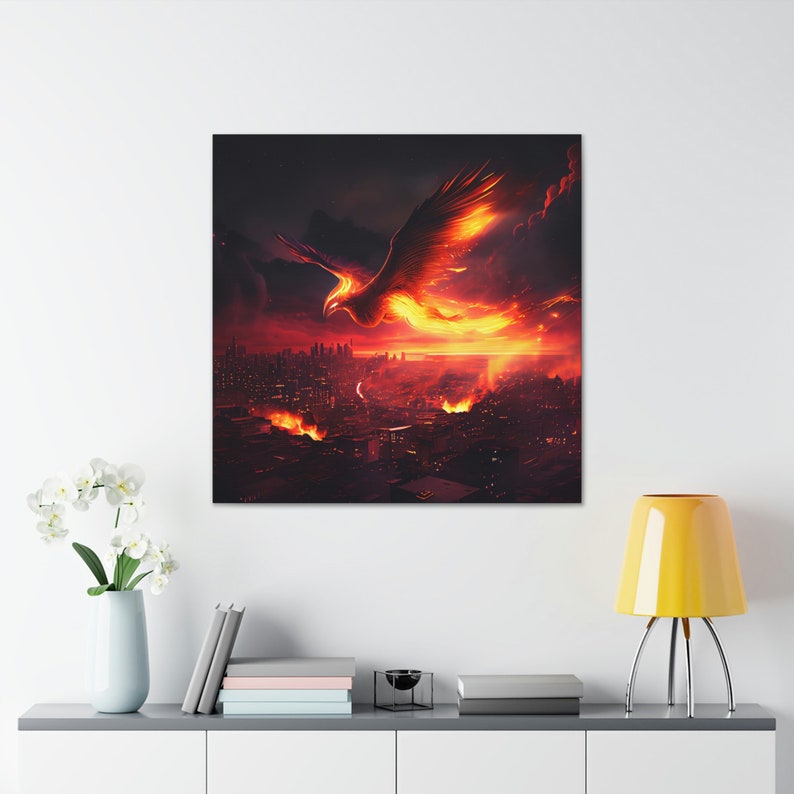 Phoenix Canvas Wall Art Phoenix Flying Over Burning City Etsy
