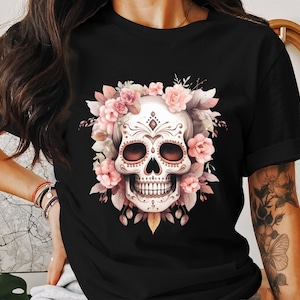 T-shirt floral crâne en sucre, t-shirt mexicain du jour des morts, chemise graphique tête de mort florale, haut bohème chic tête de mort en sucre
