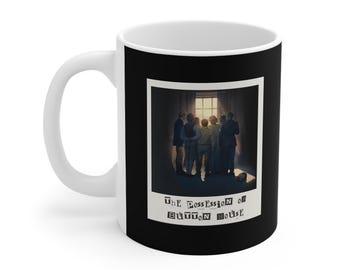 May include: A white ceramic mug with a black exterior featuring a rectangular graphic print. The print shows a group of people standing in a dark room facing a bright window, with the text "THE POSSESSION OF BUTTON HOUSE" printed below.