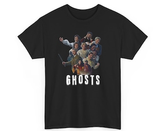 May include: A black short-sleeved t-shirt featuring a central graphic print of a diverse group of people in various historical costumes. Below the figures, the word GHOSTS is printed in a bold, white, distressed, sans-serif font style.