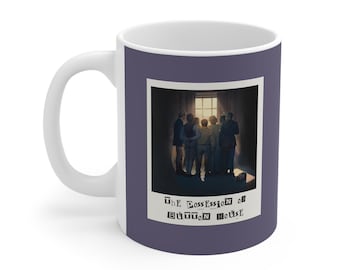 May include: A white ceramic mug with a dark purple exterior featuring a rectangular graphic print. The print shows a group of people standing before a bright window and the text "THE POSSESSION OF BUTTON HOUSE" in a ransom note style font.