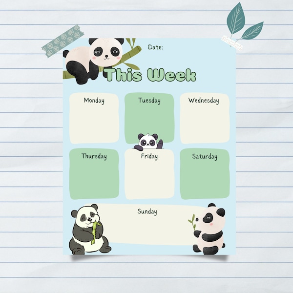 Panda hebdomadaire imprimable pour le planificateur | La semaine en un coup d'œil | Numérique ou imprimable | Recharge de planificateur | Non daté | Lettre