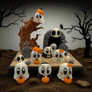 Peut inclure: Une scène d'Halloween avec des figurines de fantômes et des détails de citrouilles. La scène comprend une pierre tombale, un arbre effrayant et une arche grise avec un motif de crâne. Les fantômes tiennent de petites citrouilles oranges.