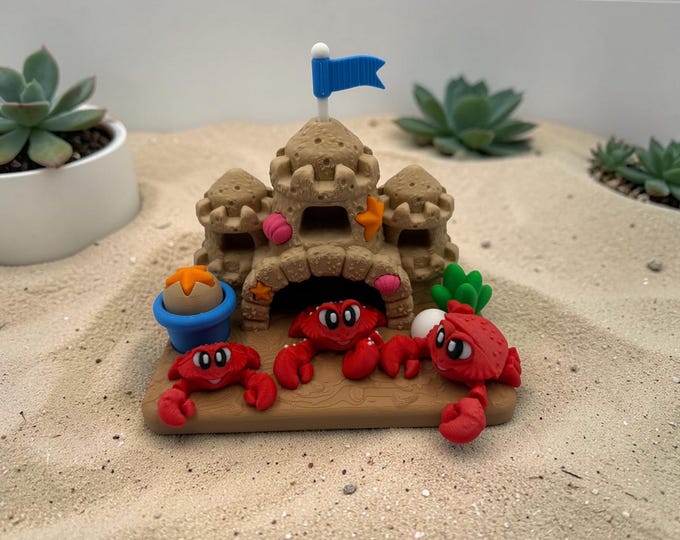 Crabs in a Sand Castle Playset with Fidget Clicker – 3D Printed Desk Toy & Beach Decor