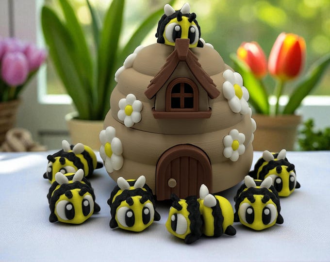 3D Printed Beehive and Bees Set: Whimsical Garden Decor
