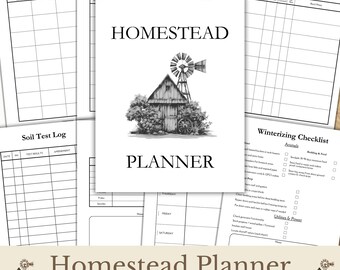 May include: Black and white Homestead Planner with a farmhouse and windmill illustration. Includes pages for important contacts, soil testing, canning, and winterizing checklists. Digital download.
