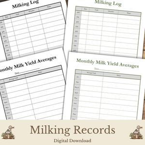 Pode incluir: Um conjunto de folhas imprimíveis "Milking Log" e "Monthly Milk Yield Averages". As folhas têm um fundo branco com um layout de grade para registrar dados. O título "Milking Records" é exibido na parte inferior, com "Digital Download" abaixo.