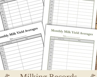 May include: A collection of printable "Milking Log" and "Monthly Milk Yield Averages" sheets. The sheets have a white background with a grid layout for recording data. The title "Milking Records" is displayed at the bottom, with "Digital Download" below it.