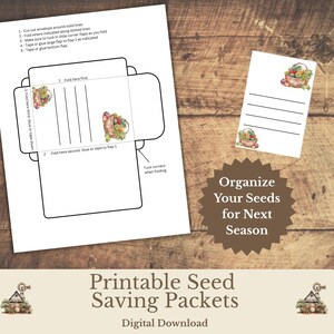 May include: A printable seed packet template featuring a vegetable basket illustration, instructions for folding, and a small label card. The text reads: Organize Your Seeds for Next Season, Printable Seed Saving Packets, and Digital Download.