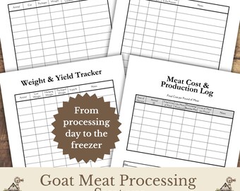Planilha imprimível para controle do processamento de carne de cabra, registro de peso e rendimento, inventário do freezer, sistema de registro de carne para uso próprio (PDF)