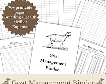 Puede incluir: Una colección de páginas imprimibles para una carpeta de gestión de cabras, con una portada con una ilustración de cabra y el texto Goat Management Binder, junto con hojas de seguimiento para cría, salud, leche, gastos, registros de cabritos y tablas de gestación.