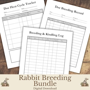 May include: A collection of white paper forms for rabbit breeding, including a heat cycle tracker, breeding record, and breeding log. The forms have black text and grid lines, with the title "Rabbit Breeding Bundle" at the bottom.